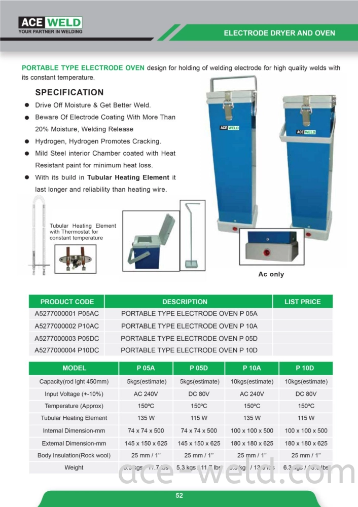 PORTABLE TYPE ELECTRODE OVEN/DRYER (P05A/P05D/P10A/P10D)